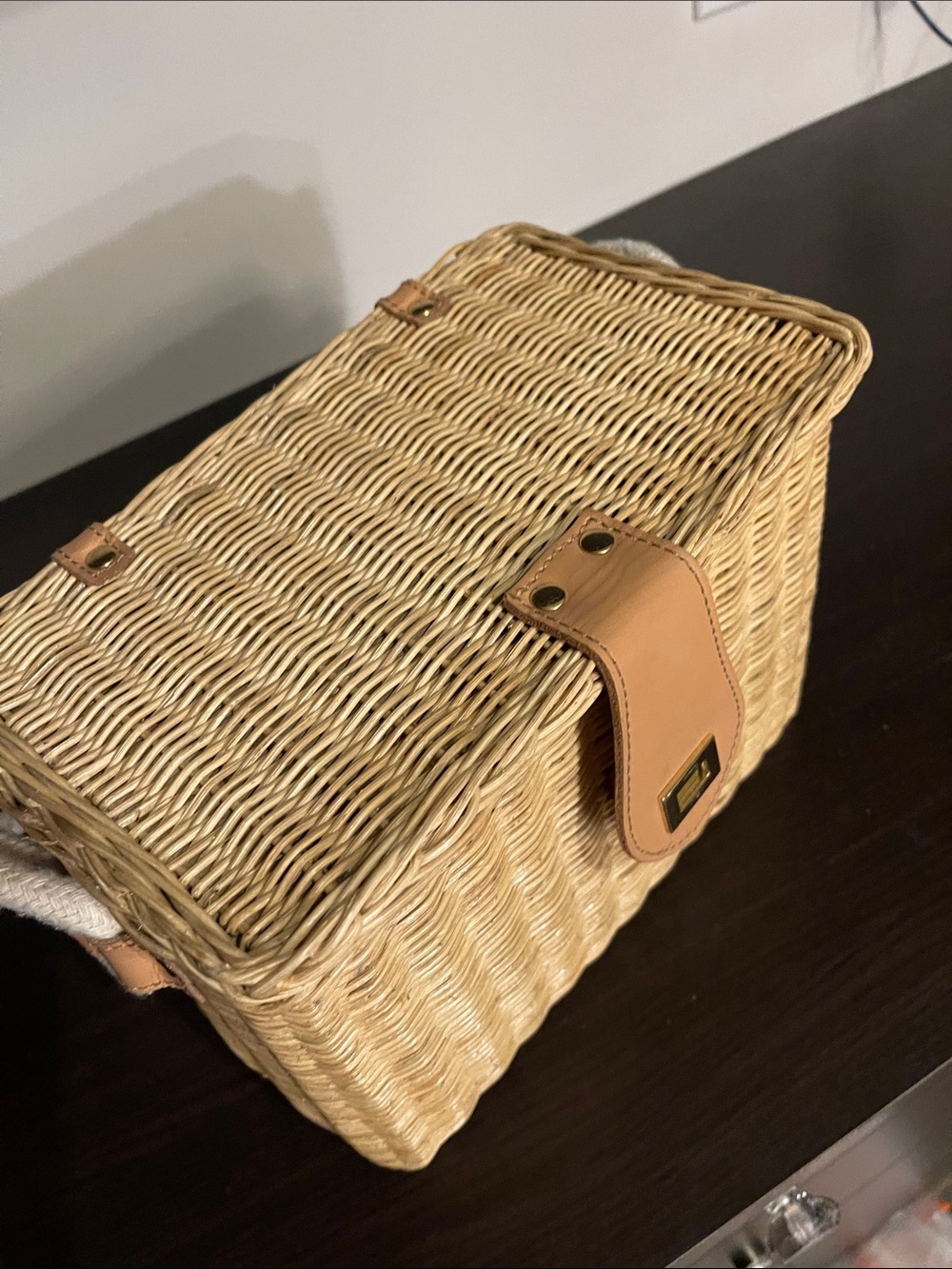 Woven Straw Tote Box Bag with Tan Leather Accent - Picture 8 of 11
